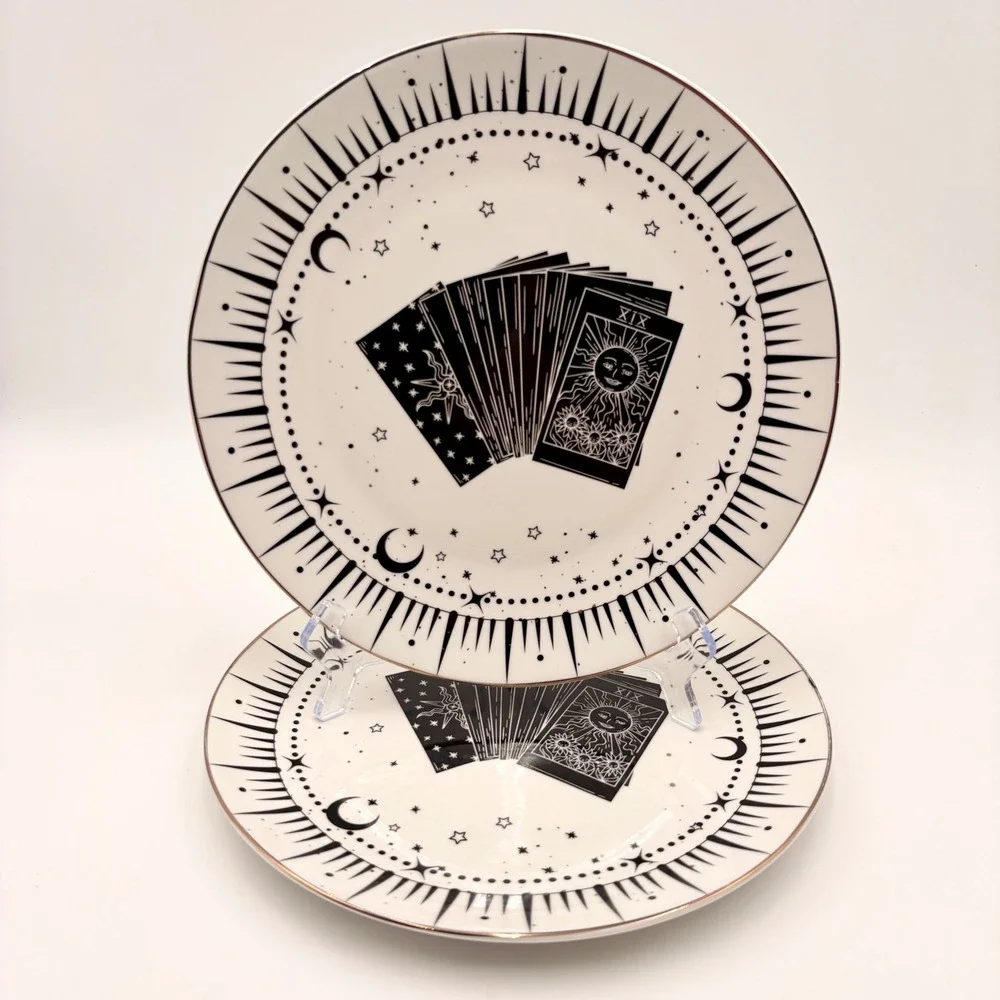 10 Strawberry Street Tarot Card Celestial Halloween Gold Rim Plates Set of 2